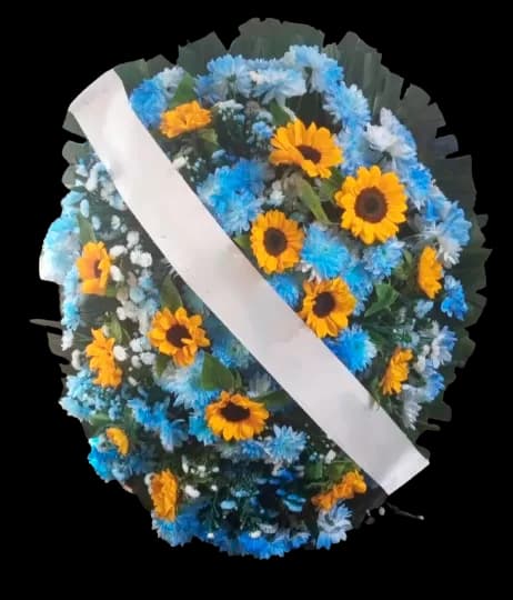 Coroa de flores oval girassóis e crisântemos azuis