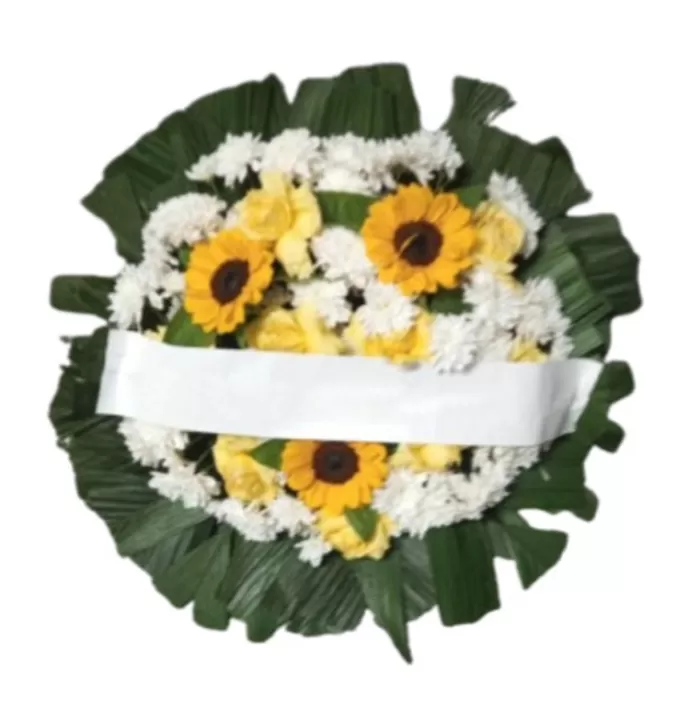 Coroa de flores de chão girassol e rosas amarelas